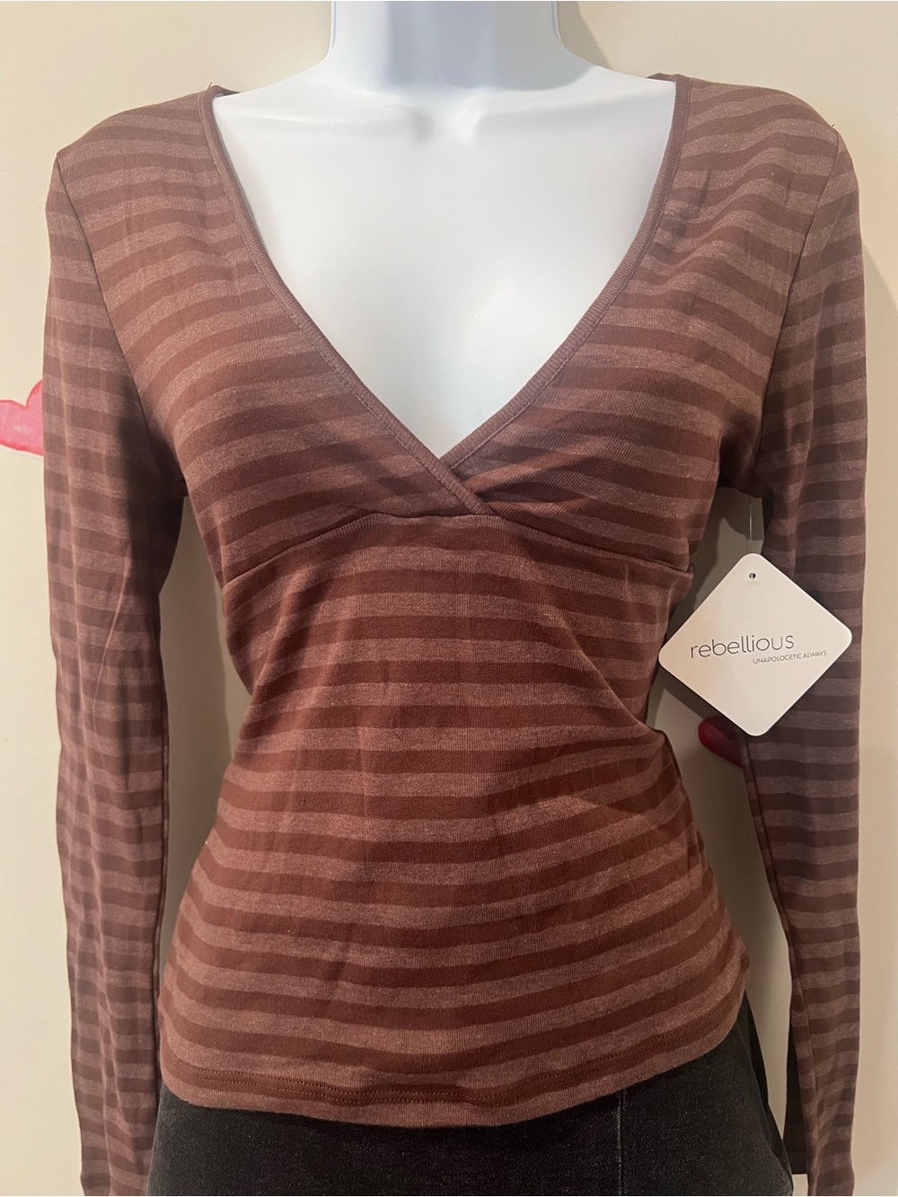 Rebellious Striped Brown V‑Neck Long Sleeve Top